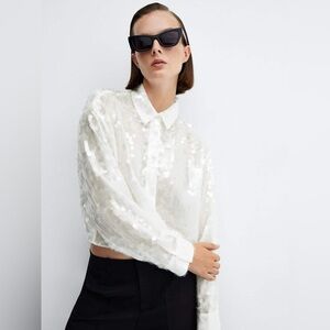 Mango Semi Sheer Sequin Party Elegant White Button Up Blouse